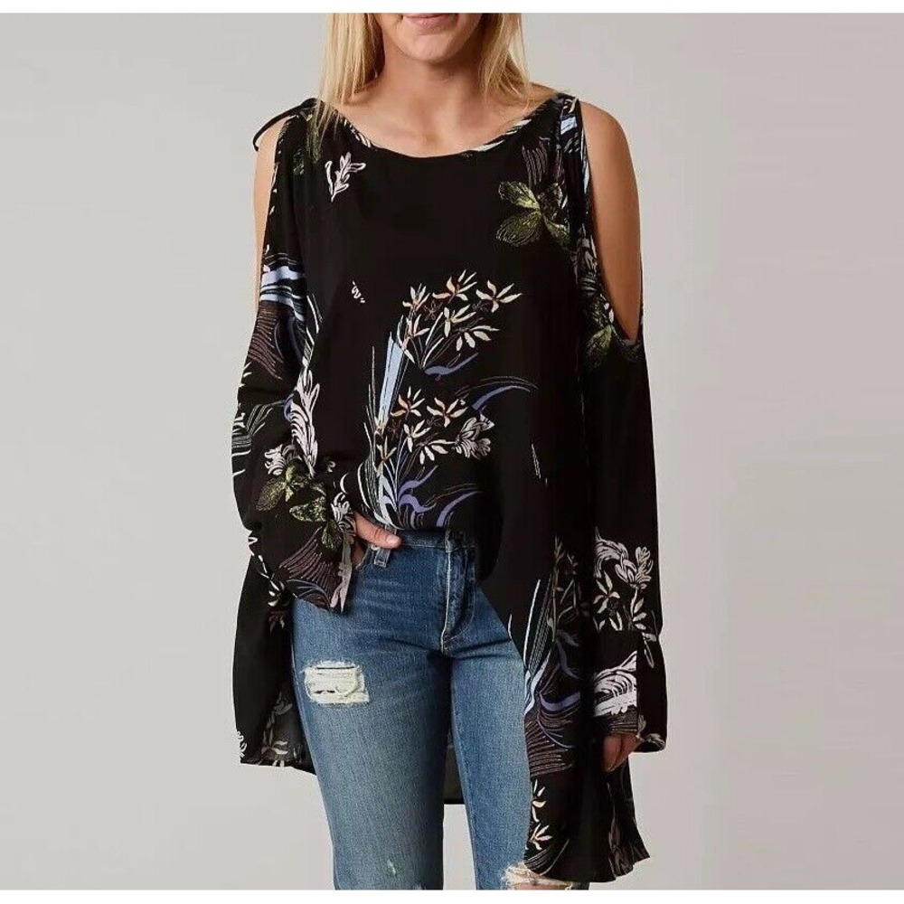 Free People Clear Skies Floral Cold Shoulder Tunic Top Mini Dress Black Size XS - Picture 11 of 12